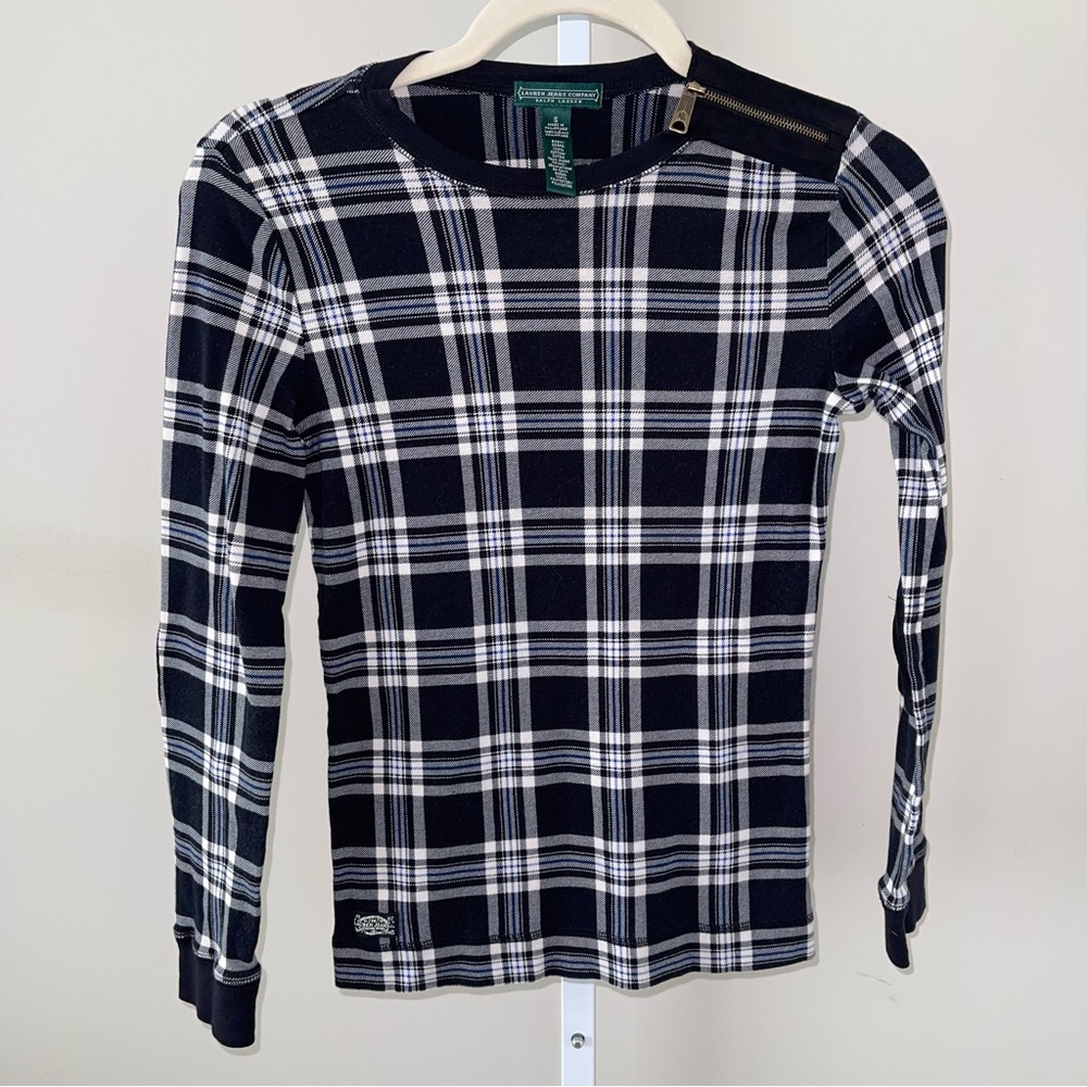 Lauren Jeans Co Size S Black White Plaid Long Sleeve Elbow Patches Zip Shoulder